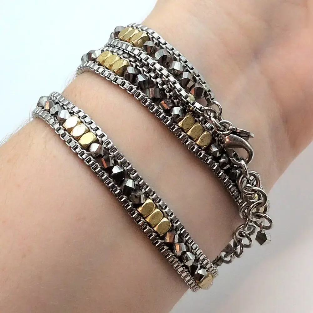 Stella & Dot Luna Two Tone Beaded Metal Triple Wrap Chain Bracelet/Necklace - Picture 2 of 6